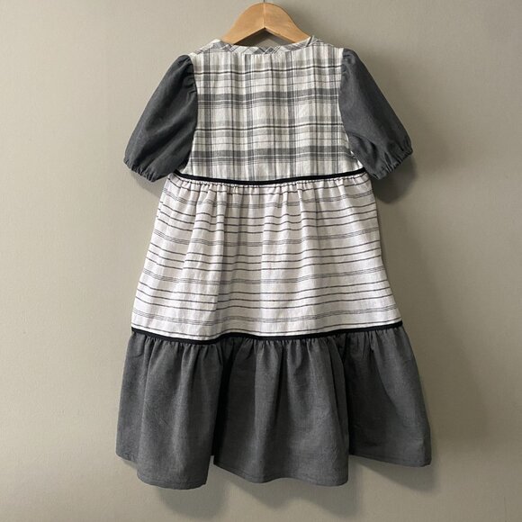Handmade Children's 100% Cotton Grey White Plaid Ribbon Detail Dress - Picture 2 of 13